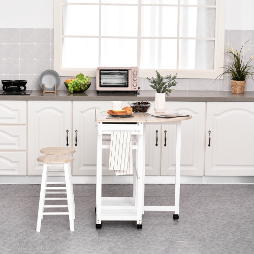 HOMCOM 3 Piece Kitchen Cart Set Drop Leaf Breakfast Table and 2 Stools with Rolling Wheels for Living Room Dorm Apartment