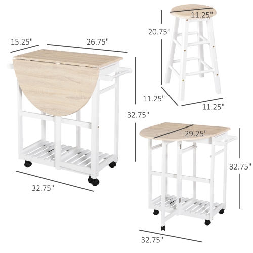 HOMCOM 3 Piece Kitchen Cart Set Drop Leaf Breakfast Table and 2 Stools with Rolling Wheels for Living Room Dorm Apartment
