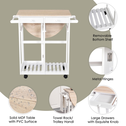 HOMCOM 3 Piece Kitchen Cart Set Drop Leaf Breakfast Table and 2 Stools with Rolling Wheels for Living Room Dorm Apartment