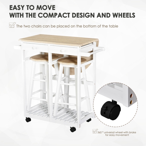 HOMCOM 3 Piece Kitchen Cart Set Drop Leaf Breakfast Table and 2 Stools with Rolling Wheels for Living Room Dorm Apartment