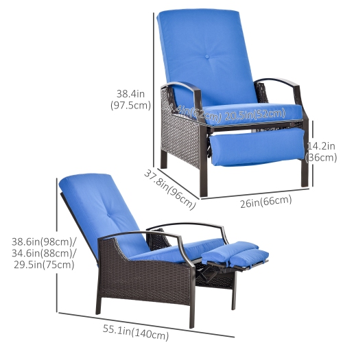 Outsunny PE Rattan Outdoor Recliner Chair, Wicker Patio Lounge Chair with Adjustable Backrest, Retractable Footrest and Cushion, Blue