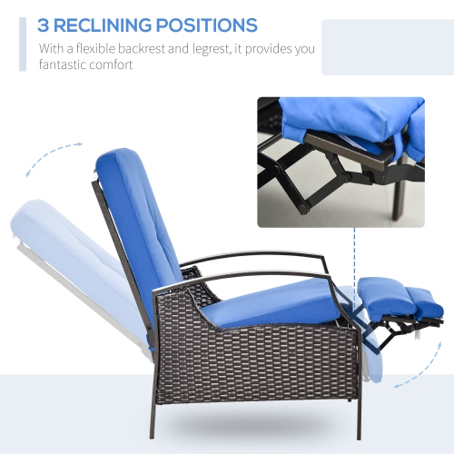 Outsunny PE Rattan Outdoor Recliner Chair, Wicker Patio Lounge Chair with Adjustable Backrest, Retractable Footrest and Cushion, Blue