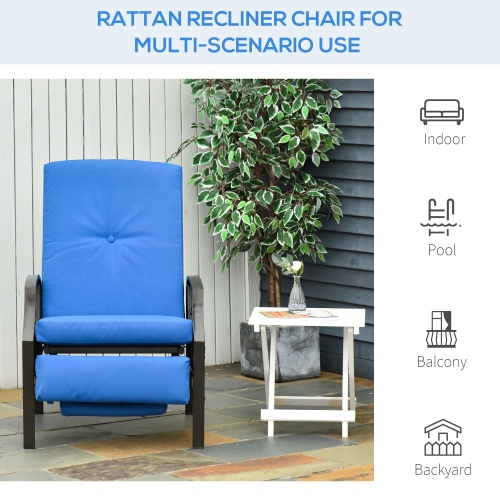 Outsunny PE Rattan Outdoor Recliner Chair, Wicker Patio Lounge Chair with Adjustable Backrest, Retractable Footrest and Cushion, Blue