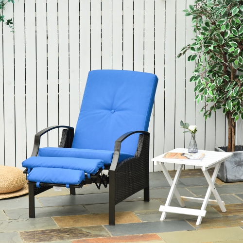 Outsunny PE Rattan Outdoor Recliner Chair, Wicker Patio Lounge Chair with Adjustable Backrest, Retractable Footrest and Cushion, Blue