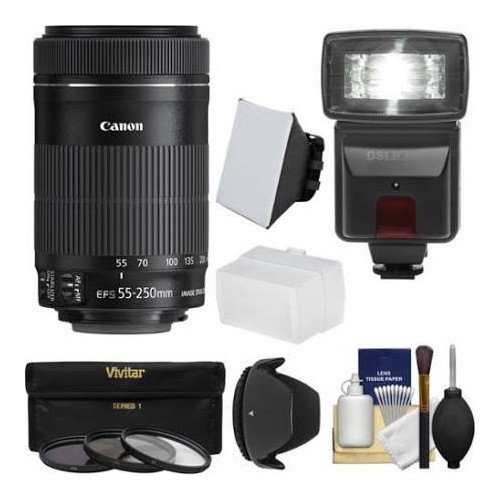 Canon EF-S 55-250mm f/4-5.6 IS STM Lens Zoom Lens with Flash 3 Filters Diffusers Hood Kit - US Version w/ Seller Warranty