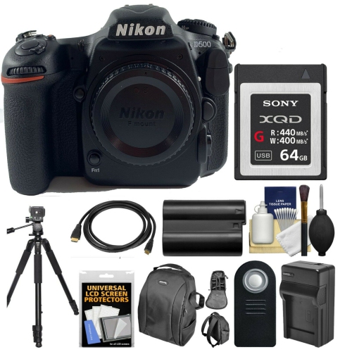 Boîtier d’appareil photo reflex numérique 4K Wi-Fi D500 de Nikon avec carte XQD de 64 Go, étui, batterie, chargeur, trépied, télécommande et trousse