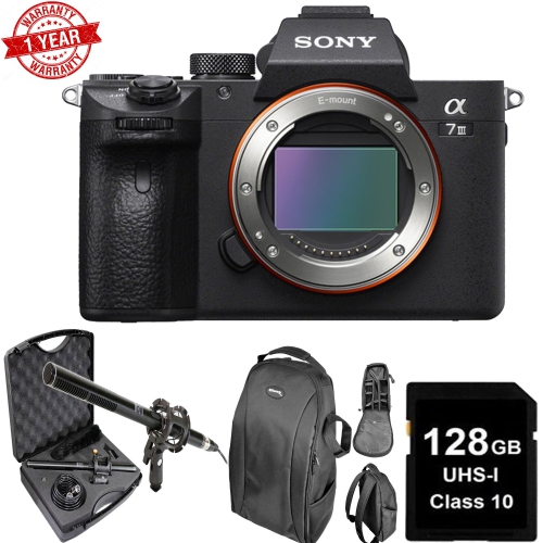 Sony Alpha a7 III Mirrorless Digital Camera USA w/ 128GB MC | DSLR Backpack & Microphone Kit Bundle - US Version w/ Seller Warranty