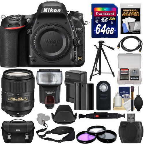 NIKON  D750 Dslr Camera With 18-300MM Vr Lens + 64GB + Battery & Charger + Case + 3 Filters + Tripod + Flash + Kit - Us Version W/ Seller Warranty