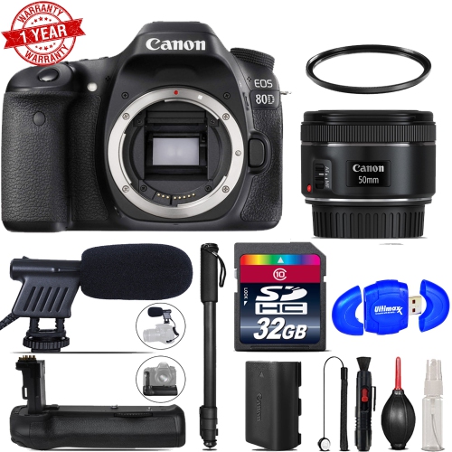 CANON  Eos 80D Dslr + 50MM F/1.8 Is Stm + Battery Grip + Shoutgun Mic - 32GB Kit - Us Version W/ Seller Warranty
