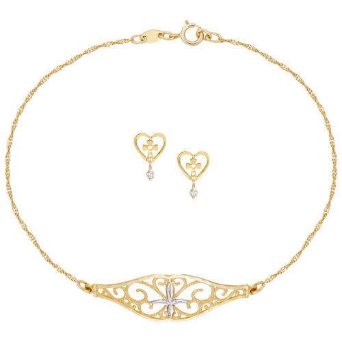 Le Reve Collection 7.3" 10K Gold Bracelet & Cross in Heart Drop Earrings Set