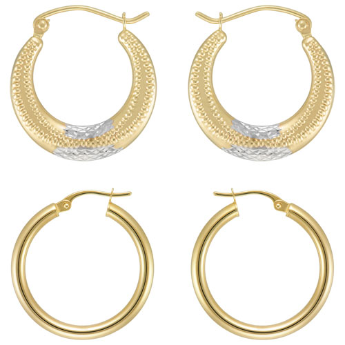 Le Reve Collection 10K Gold Two-Tone Engraved Hoop Earrings & Hoop Earrings Set