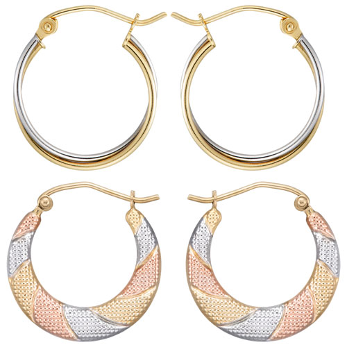 Le Reve Collection 10K Two-Tone Double Hoop Earrings & Tri-Colour Engraved Hoop Earrings Set