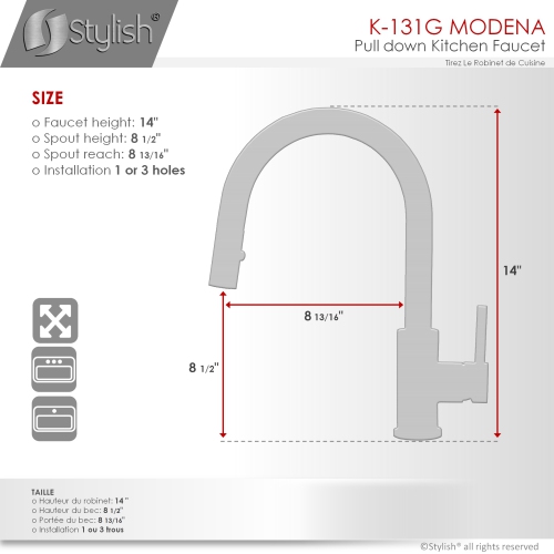 STYLISH Kitchen Sink Faucet Single Handle Pull Down Dual Mode Stainless Steel in Brushed Gold K-131G