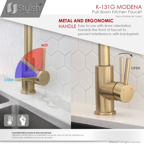STYLISH Kitchen Sink Faucet Single Handle Pull Down Dual Mode Stainless Steel in Brushed Gold K-131G