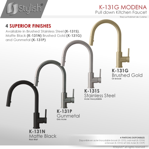 STYLISH Kitchen Sink Faucet Single Handle Pull Down Dual Mode Stainless Steel in Brushed Gold K-131G