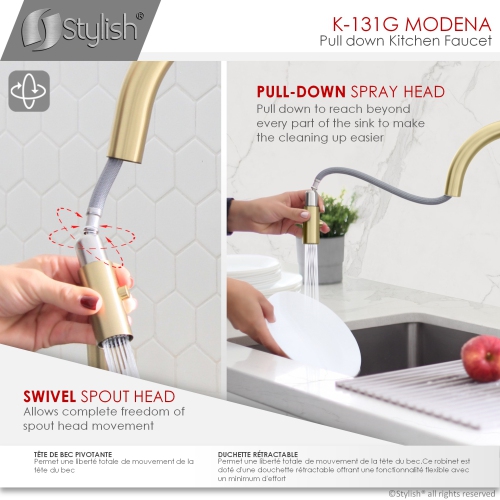 STYLISH Kitchen Sink Faucet Single Handle Pull Down Dual Mode Stainless Steel in Brushed Gold K-131G
