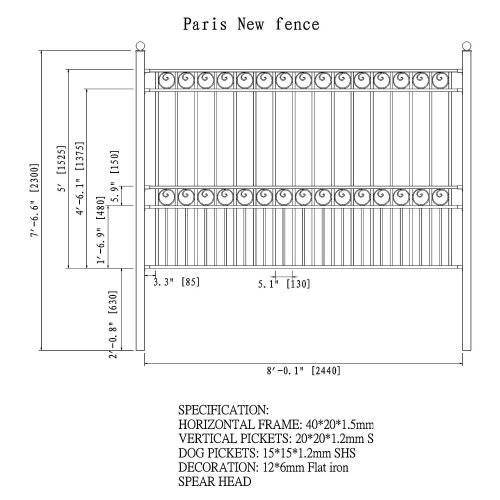 ALEKO Yard Garden Iron Wrought Steel Fence 8' x 5' Paris Style