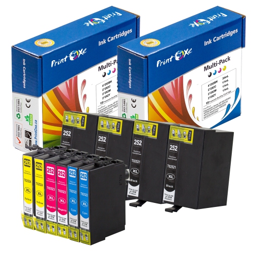 PRINTOXE® T252XL Epson Reman 10 Ink Cartridges High Yield T252 of 2 Sets + 2 Black 252 Series | T2521 T2522 T2523 T2524 | for Workforce WF 3620 3640