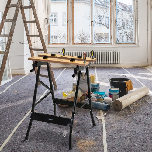 DURHAND Foldable Work Bench w/ 4 Adjustable Clamps, Carpenter Saw Table, MDF Surface, Steel Frame, Portable Work Bench 100kg/220lbs Capacity