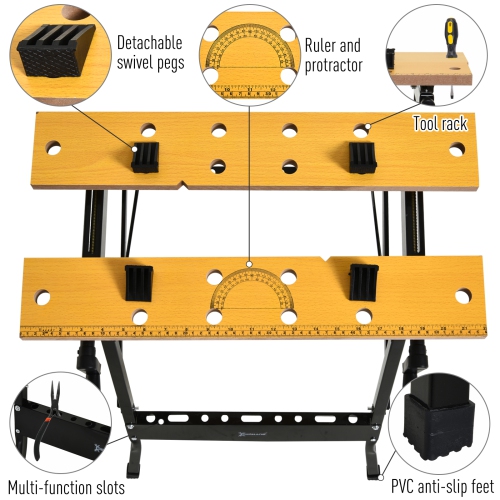 DURHAND Foldable Work Bench w/ 4 Adjustable Clamps, Carpenter Saw Table, MDF Surface, Steel Frame, Portable Work Bench 100kg/220lbs Capacity