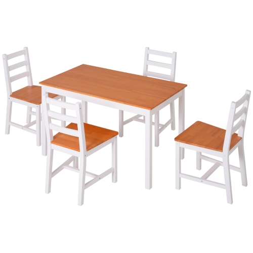 HOMCOM 5 Piece Solid Pine Wood Table and High Back Chair Dining Set - White/Natural Wood