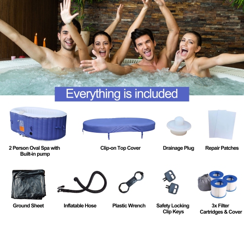 ALEKO HTIO2BLD Oval Inflatable Jetted Hot Tub with Drink Tray and Cover - 2 Person - 145 Gallon - Dark Blue