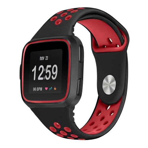 StrapsCo Perforated Rubber Watch Band Strap with Protective Case for Fitbit Versa - Black & Red