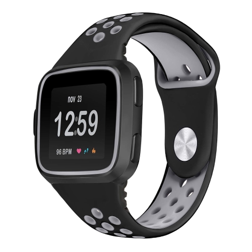 StrapsCo Perforated Rubber Watch Band Strap with Protective Case for Fitbit Versa - Black & Grey