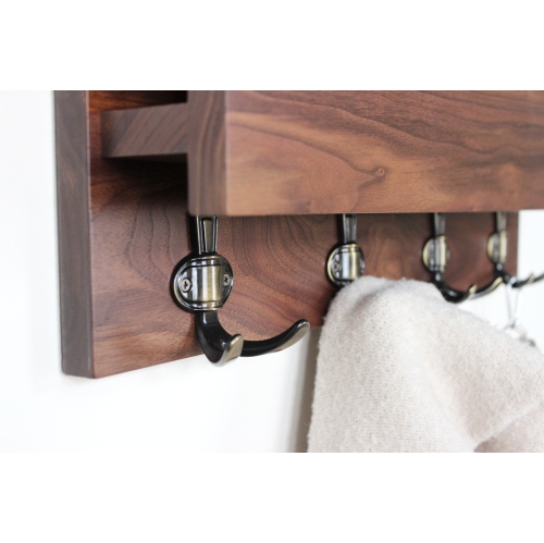 Solid Walnut Hardwood Entryway Mail Key Organizer, Modern Rustic and  Handmade. Wall-mounted Coat Rack with 4 Bronze Hooks
