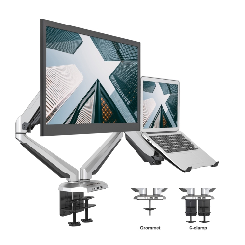 Support pour moniteur et portable 2-en-1 à ressort à gaz de SHOPPINGALL entièrement réglable OU deux moniteurs de 15 à 32 po - sa-GM224U+D15