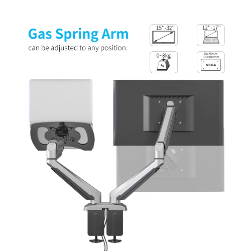 Support pour moniteur et portable 2-en-1 à ressort à gaz de SHOPPINGALL entièrement réglable OU deux moniteurs de 15 à 32 po - sa-GM224U+D15