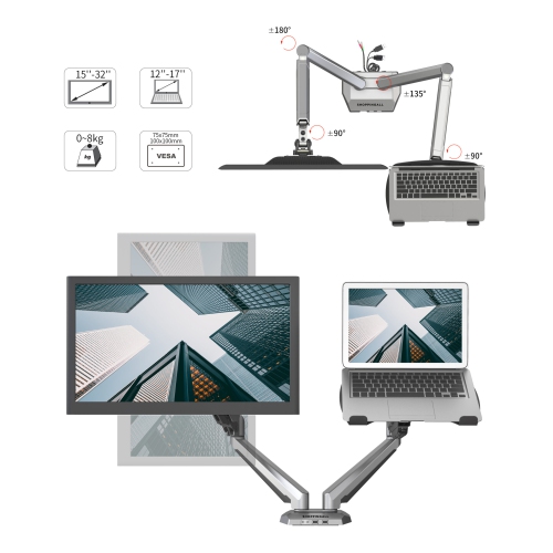 Support pour moniteur et portable 2-en-1 à ressort à gaz de SHOPPINGALL entièrement réglable OU deux moniteurs de 15 à 32 po - sa-GM224U+D15