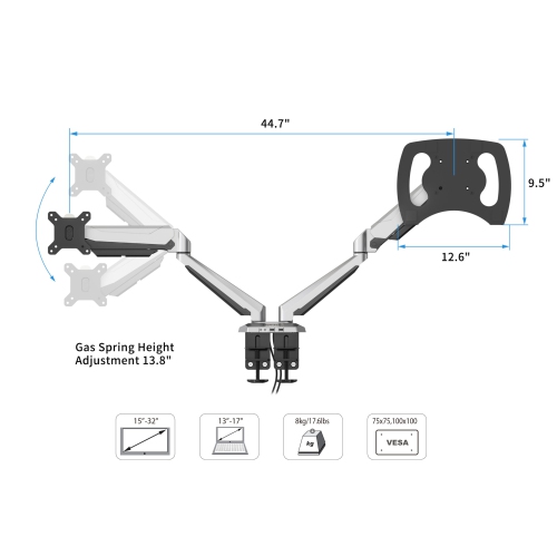 Support pour moniteur et portable 2-en-1 à ressort à gaz de SHOPPINGALL entièrement réglable OU deux moniteurs de 15 à 32 po - sa-GM224U+D15
