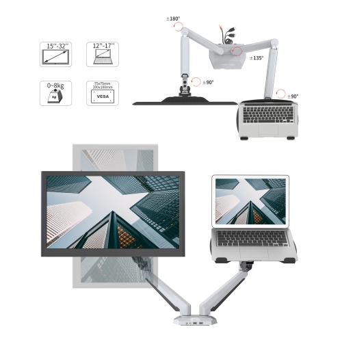 SHOPPINGALL Fully Adjustable Gas Spring 2in1 Monitor & Laptop OR Dual 15"-32" Monitors Mount Stand - SA-GM224U+D15