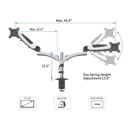 SHOPPINGALL Fully Adjustable Dual Gas Spring LCD Monitor Arm Desk Mount Stand for 15"-32" Monitors - SA-GM124D