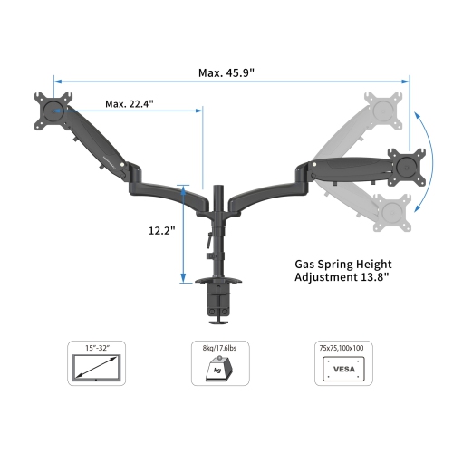 SHOPPINGALL Fully Adjustable Dual Gas Spring LCD Monitor Arm Desk Mount Stand for 15"-32" Monitors - SA-GM124D