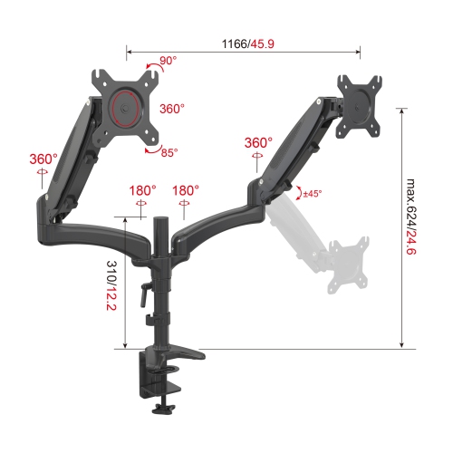 SHOPPINGALL Fully Adjustable Dual Gas Spring LCD Monitor Arm Desk Mount Stand for 15"-32" Monitors - SA-GM124D