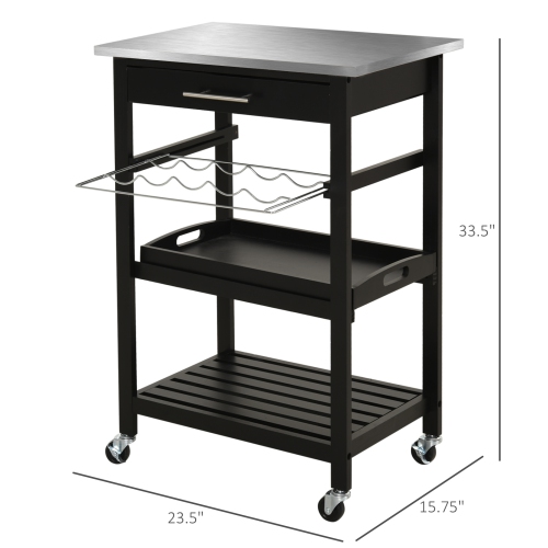 HOMCOM 3-Tier Kitchen Rolling Serving Cart with Open Shelves, Stainless Steel Top Pine Kitchen Island, Black