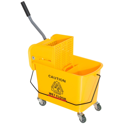 HomCOM – Seau à vadrouille avec essoreuse sur roulettes pour le nettoyage des planchers, 5 gallons, eau sèche et eau propre séparées, jaune