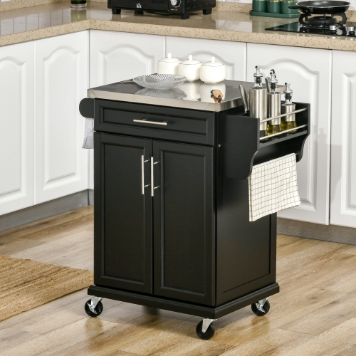 HOMCOM Kitchen Island with Stainless Steel Top, Rolling Kitchen Cart on Wheels with Storage Drawer, Cabinet, Towel Rack and Spice Rack, Black