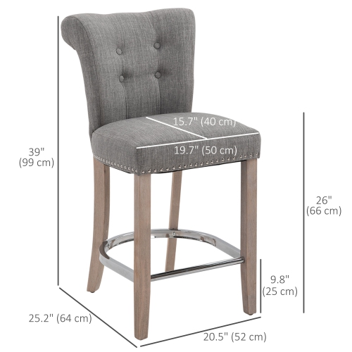 HOMCOM Counter Height Bar Stools Set of 2, Upholstered Bar Chairs with Button Tufted Back, Wood Legs, Footrest, Modern Nailhead Trim Barstools for
