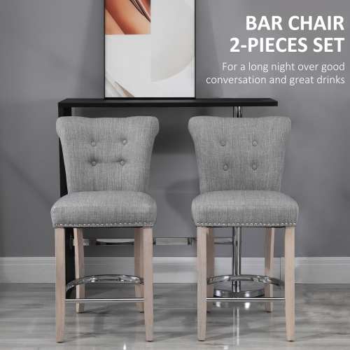 HOMCOM Counter Height Bar Stools Set of 2, Upholstered Bar Chairs with Button Tufted Back, Wood Legs, Footrest, Modern Nailhead Trim Barstools for