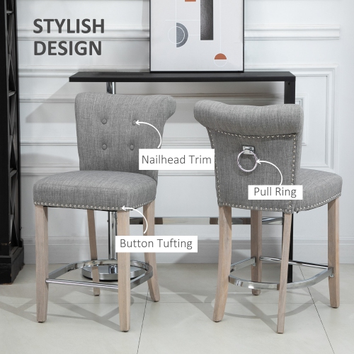 HOMCOM Counter Height Bar Stools Set of 2, Upholstered Bar Chairs with Button Tufted Back, Wood Legs, Footrest, Modern Nailhead Trim Barstools for