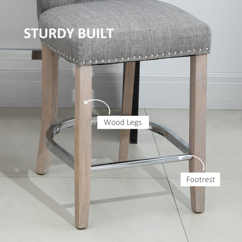 HOMCOM Counter Height Bar Stools Set of 2, Upholstered Bar Chairs with Button Tufted Back, Wood Legs, Footrest, Modern Nailhead Trim Barstools for