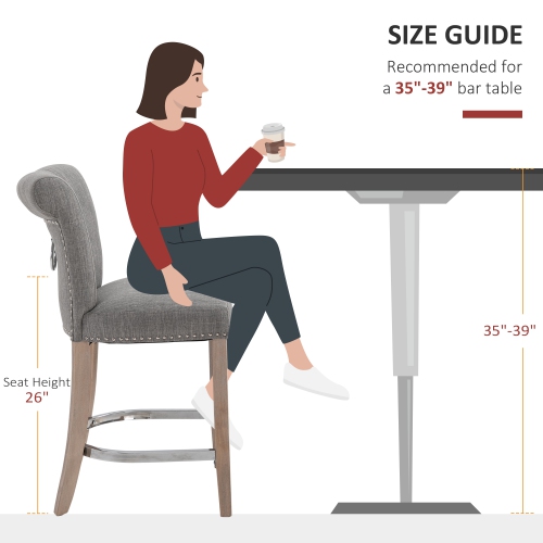 HOMCOM Counter Height Bar Stools Set of 2, Upholstered Bar Chairs with Button Tufted Back, Wood Legs, Footrest, Modern Nailhead Trim Barstools for