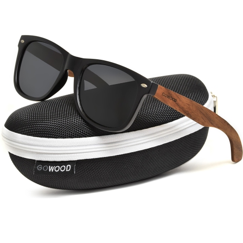 Walnut wood wayfarer sunglasses with black polarized lenses