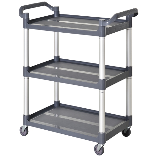 HOMCOM 3-Tier Metal Clean Cart Large Rolling Storage Trolley with 3 Shelves Utility Service Cart, Restaurant, Hotel, Livingroom, Silver and Grey