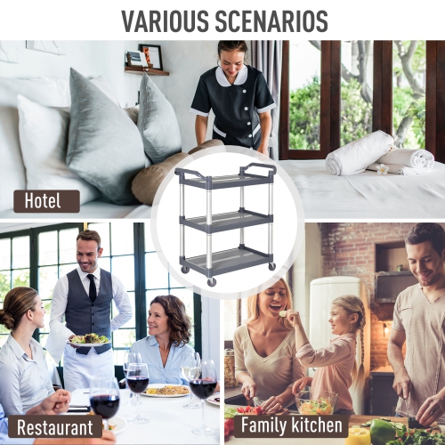 HOMCOM 3-Tier Utility Cart on Wheels, Rolling Kitchen Cart with Handles for Living Room, Bathroom, Silver and Grey