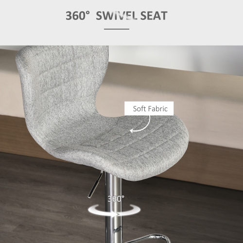 HOMCOM Bar Stools Set of 2, Swivel Counter Height Bar Stools, Height Adjustable Bar Chairs with Linen Upholstery and Footrest for Kitchen, Home Pub,
