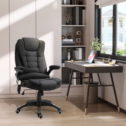 Vinsetto – Fauteuil de bureau de massage avec vibration 6 points, fauteuil de direction inclinable en lin, dossier haut, roulettes pivotantes, noir
